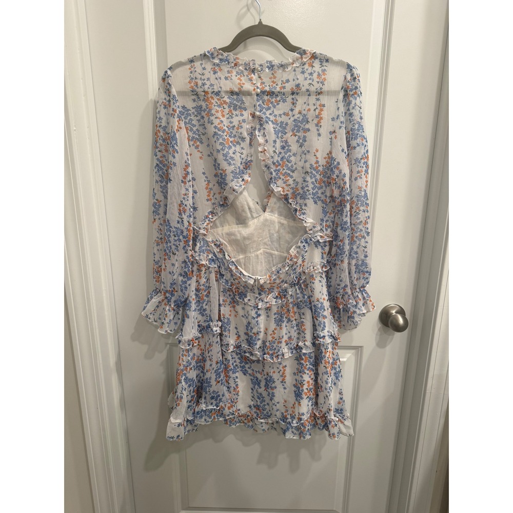 Floral Open Back Ruffle Mini Dress Cottagecore Boho Long Sleeve Women's Large - Picture 7 of 11